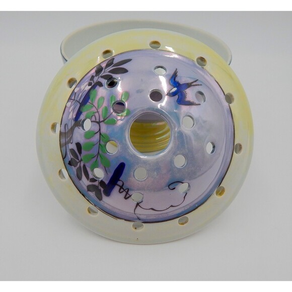 Lusterware Flower Frog Rim Domed Hand Painted Japan Birds Leaves Purple Green - Picture 16 of 16